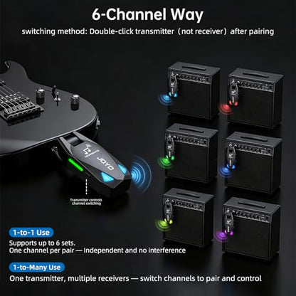 JOYO Wireless Guitar System UHF Transmitter Receiver 6 Channel <2ms Low Latency 150ft Long Range Rechargeable for Guitar Bass 6.35mm Mono Audio Cordless (JW-08)
