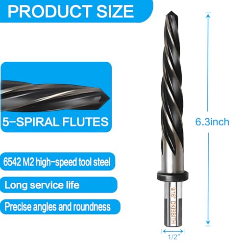 9/16" Bridge Construction Reamer Drill Bit, M2 HSS Taper Chucking Reamer for Steel Alloy Metal Wood Plastic, 1/2" Non-Slip Shank, 5-Spiral Flutes Car Reamer, to Align or Enlarge Holes, 14mm - size: 9/16"