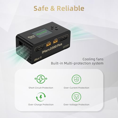 Gens ace iMars D300 Plus Dual Channel 1-6S Smart LiPo Battery Charger | 300W AC/700W (350W*2) 16A DC Balance Charger, Bluetooth App Setting for 1-6S Lipo/Li-ion/LiHV/Life/NiMH BatteryCharging Black