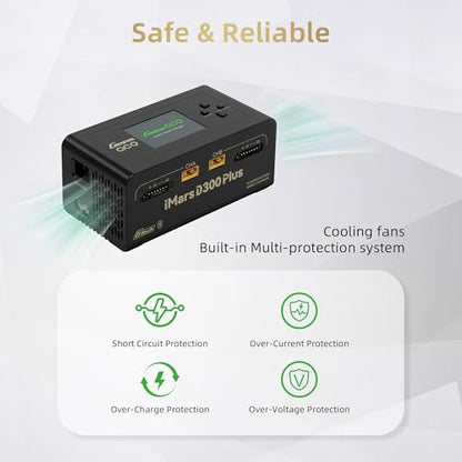 Gens ace iMars D300 Plus Dual Channel 1-6S Smart LiPo Battery Charger | 300W AC/700W (350W*2) 16A DC Balance Charger, Bluetooth App Setting for 1-6S Lipo/Li-ion/LiHV/Life/NiMH BatteryCharging Black