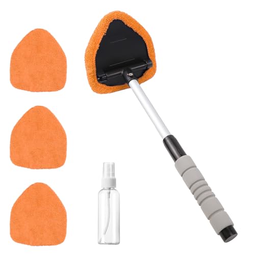 Wuyaoyao Car Windshield Cleaning Tool, Car Windshield Window Cleaner, Auto Window Glass Cleaning Kit with Extendable Handle & Reusable Microfiber Pad & Spray Bottle, Universal Car Accessories (Orange) - color: Orange