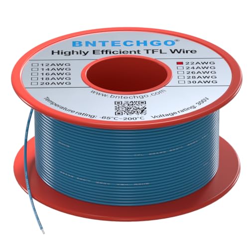 BNTECHGO 22AWG FEP Teflon Coated Wire Blue 50ft Tin-Plated Copper | 22 Gauge Strands Wire High-Temp FEP Insulation, -65°C to 200°C Rated, Aerospace Wiring, Medical Wiring, Scientific Equipment - size: 50ft Blue