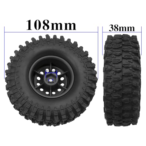 RC 1/10 1.9" Rubber Tires OD 108mm & 12mm Hex Hub Wheel Rims Compatible with Axial SCX10 90046 AXI03007 Traxxas TRX4 Tamiya CC01 D90 TF2 HSP 1/10 RC Crawler Car (Black) - color: Black