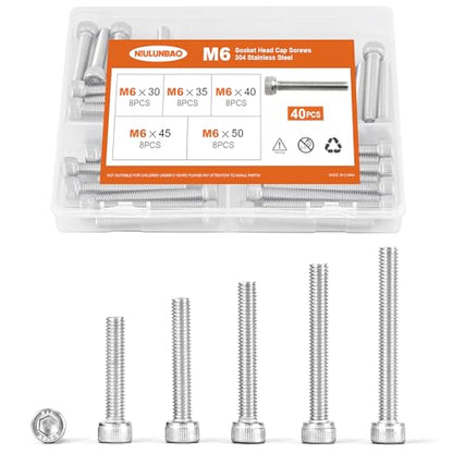 M6 x 30mm 35mm 40mm 45mm 50mm Hex Socket Head Cap Screws Bolts 304 Stainless Steel Metric Machine Allen Hex Drive, Fully Threaded, Assortment Kit 40PCS - size: M6 x 30/35/40/45/50mm (40PCS)