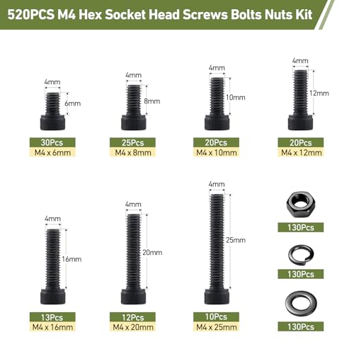 520Pcs M4 Screws Assortment Kit,Hex Socket Head Cap Screws Bolts Nuts Washer Set,12.9 Grade Alloy Steel,Black Oxide M4 x 6/8/10/12/16/20/25mm,for 3D Printer,DIY Project - size: M4 520PCS Socket Black