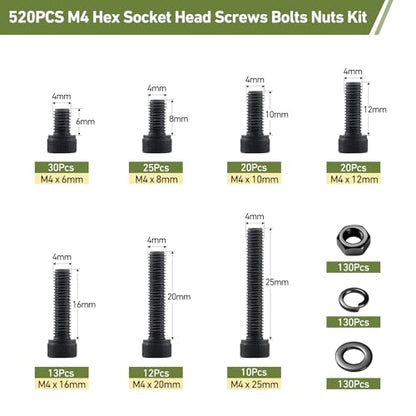 520Pcs M4 Screws Assortment Kit,Hex Socket Head Cap Screws Bolts Nuts Washer Set,12.9 Grade Alloy Steel,Black Oxide M4 x 6/8/10/12/16/20/25mm,for 3D Printer,DIY Project - size: M4 520PCS Socket Black