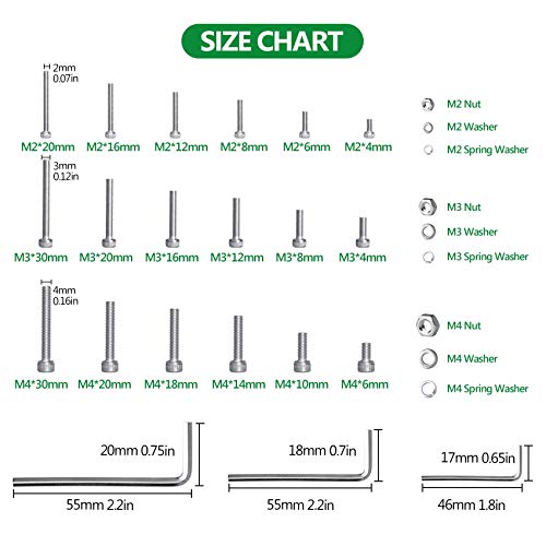 1440 Pcs M2 M3 M4 Hex Socket Head Screws Nuts Washers Kit, SS304 | Anti-Rust, With Flat Washers Spring Washers Bolts Assortment Kit with 3 Wrench, for Precision Machinery, 3D Printing & DIY - size: SS M2 M3 M4 1440pcs 3