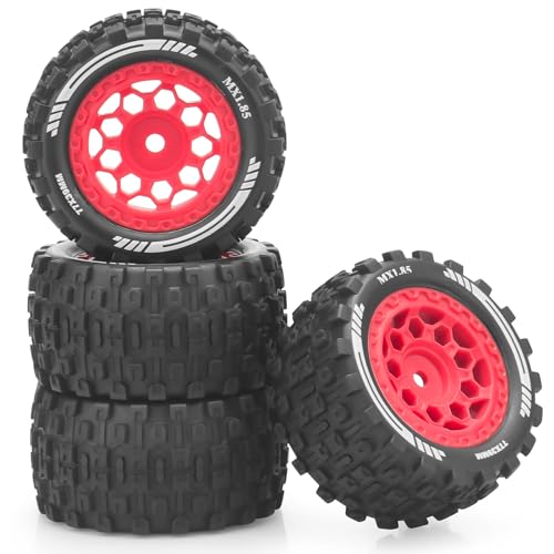 1/18 RC Car Tires and Wheels, daitoku 12mm Hex RC Truck Tires for 1/18 ARRMA Granite Typhon WLtoys A949 MJX Hyper Go H16 - Style A (Red)
