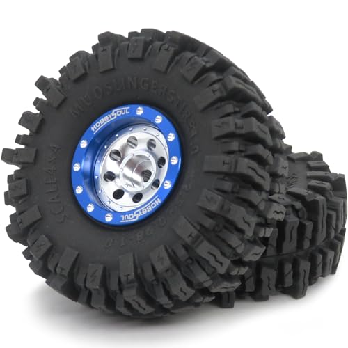 RC 64 * 25mm 1.0 Mud Slingers Tires Wheels Set, 1/24 1/18 RC 1.0 Tires Tyres & Metal 1.0 Beadlock Wheels +1mm / -3mm Offset Rims for RC Micro Crawler 1/24 SCX24 1/18 TRX4M - color: Blue & Silver