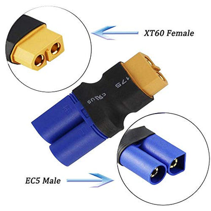 5-Pack XT60 Plug Female Connector to EC5 Plug Male Connector Adapter for RC Lipo Battery - size: XT60 Female to EC5 Male