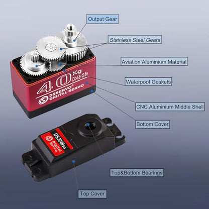 2Pcs 40KG Digital RC Servo with 25T Servo Arm, DS3240MG Full Metal Gear High Torque Steering RC Servo for 1:8 1:10 Scale RC Cars Crawlers Buggy Trucks Airplane Control Angle 180°