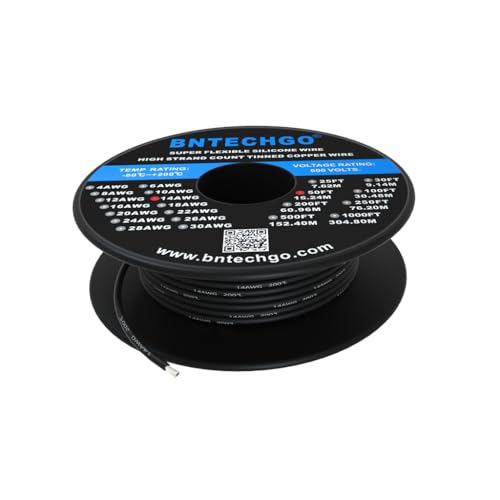 BNTECHGO 14 Gauge Silicone Wire Black 50ft Stranded Tinned Copper Wire | Flexible 14 AWG Stranded Wire Silicone Rubber Insulation For RC Models, Drone, Robot, Battery, EV Charger, 3D Printer, DIY - color: Black, size: silicone wire 50ft