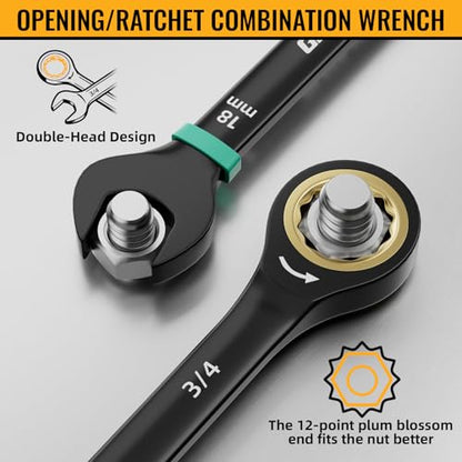 GRENPRO 23PCS Ratcheting Combination Wrench Set SAE Metric Mechanic Tools | 1/4"-3/4"&6-18MM Bolt Gauge, Electro-Coated CR-V 72-Tooth 5Deg Swing 12Pt Color Rings, Roll Pouch for Auto&Home Repair - style: Ratcheting Wrench Set with Color Ring (Metric&SAE)