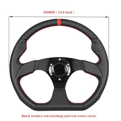 Universal Racing Sports Steering Wheel Red Stripe D Shape 13.8inch 350mm 6 Bolts Black Leather Hand Grip Steering Wheel with Horn Button - color: Red