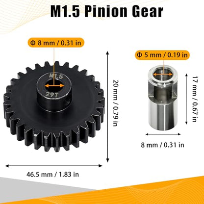 M1.5 29T Pinion Gear 8mm Bore with 8mm to 5mm Shaft Adapter Sleeve, Chromium Steel Motor Gear with Set Screw & Hex Key for Traxxas ARRMA Losi 1/5 1/8 RC Cars - size: 29T