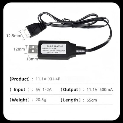 11.1V XH-4P 500mah USB Charger Cable for 11.1V 3S 3 Cell Lipo Battery RC Toys,Splatter Ball Gun, RC Car, RC Boat,RC Trucks and RC Plane