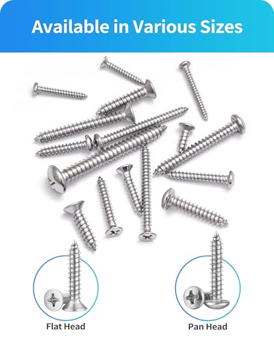 580Pcs 304 Stainless Steel Wood Screw Assortment Kit, M3/M4/M5/M6 Phillips Pan Head & Flat Head Sheet Metal Screws Self Tapping Screws Set,16 Sizes Assorted Screw (Silver 580PCS)