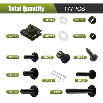 177 PCS Motorcycle Fairing Bolt Kit, M5 M6 Stainless Steel Windscreen Screws, Windshields Fasteners Clips, Universal Fairing Bolts Nut Clips Kit for Most Motorcycles (Black)