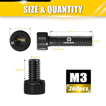 M3 x 8mm Screws 260pcs, Hex Socket Head Cap Screws Bolts, M3 x 8 Bolts12.9 Grade Alloy Steel, Black Zinc Plated, Allen Socket Drive, Fully Threads, Machine Screws - size: M3*8mm 260pcs