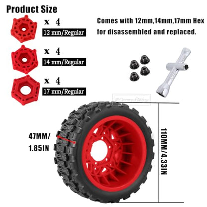 RC Truck Tires RC Wheels and Tires,12mm/14mm/17mm Hex RC Tires for 1/10 Slash 4×4 2WD,Arrm a Senton,Axia1 Red cat Rc 4wd,Off-Road Tire w/RC Wheels Hex,Red - color: Red(4pcs)