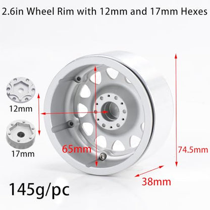 2.6” Beadlock Wheel Rims 4pcs for Scale RC Off Road Race, Use for OD 135mm Tires, Stamped Steel Wheel with 17mm/12mm Hexes Compatible with MJX H8H MK07 KM4 4082/83 1/7 1/8 1/10 Off Road Crawler Car - color: 2.6in A-rim-white