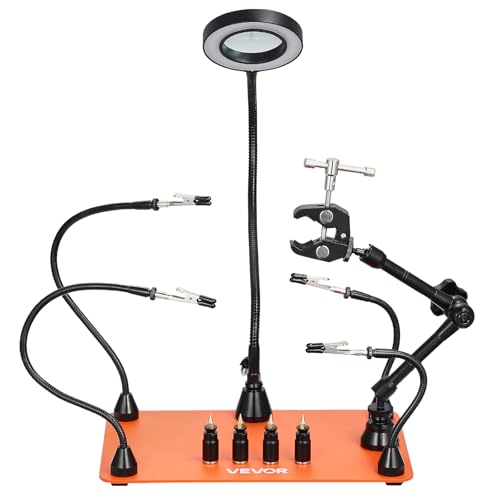 VEVOR Magnetic Helping Hands Soldering Station, Third Hand Soldering Tool with Gooseneck LED Magnifying Lamp, 4 PCB Holders & 360 Hot Air Gun Holder for Electronic Repair Craft Hobby - style: with Heat Gun Holder
