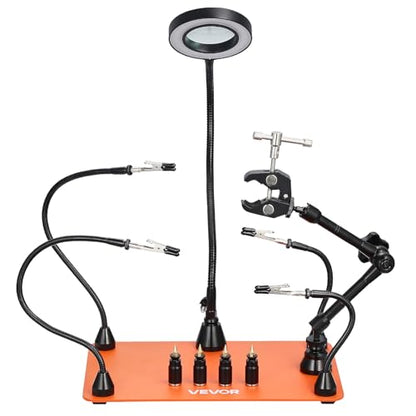 VEVOR Magnetic Helping Hands Soldering Station, Third Hand Soldering Tool with Gooseneck LED Magnifying Lamp, 4 PCB Holders & 360 Hot Air Gun Holder for Electronic Repair Craft Hobby - style: with Heat Gun Holder