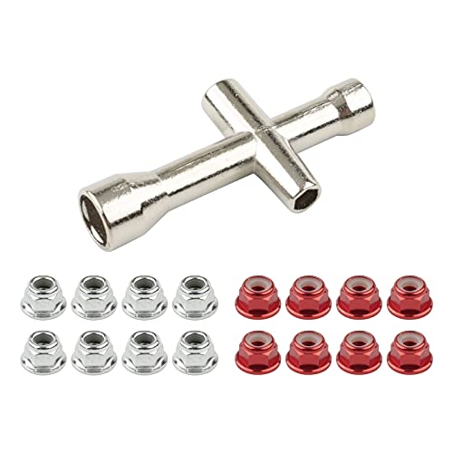 16pcs M4 Lock Nuts for 1/10 RC Car Wheel, 4mm Anodized Aluminum Alloy and Steel Flange Nylon Insert Locking Nuts with Wrench Set, Red & Silver - color: Red & Silver