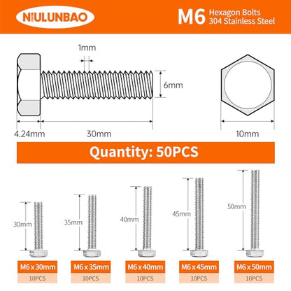 M6 x 30mm 35mm 40mm 45mm 50mm Heavy Duty Hexagon Bolts Hex Head Screws, 304 Stainless Steel, Metric, Machine Fully Thread, Bright Finish, Assortment Kit 50PCS - size: M6 x 30/35/40/45/50mm (50PCS)