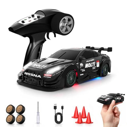 1/43 Mini RC Drift Car with Gyro, 2.4GHz Full Proportional RC Car, 20KM/H Professional High Speed Remote Control Car with Lights, Desktop Drift Car Racing Toy Gifts to Adults Kids Boys - color: Black