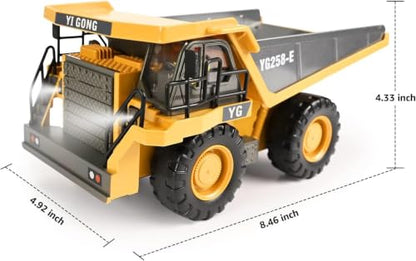 KidsFaves RC Dump Truck, 9CH Remote Control Dump Truck with Metal Dump Bed, 45° Lifting & 360° Rotation, 2 Batteries, Lights & Sounds, Construction Toy for Boys Age 3+ - style: dump truck