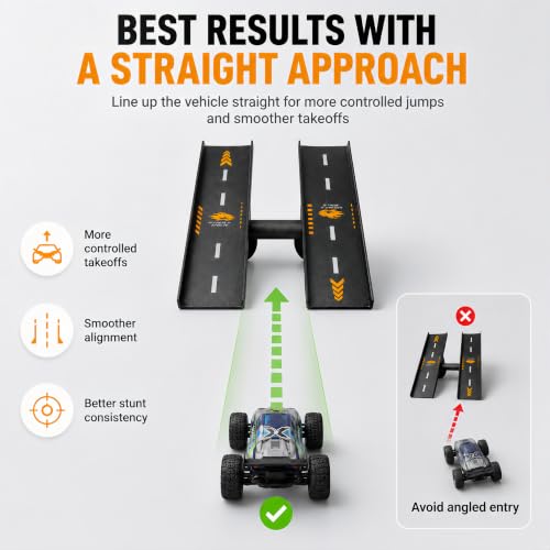 RC Car Ramp, 3 Ways to Play RC Jump Ramp for 1/16 1/14 1/12 1/10 RC Cars, Includes Metal Ground Stakes, Compact Stunt Ramp for Controlled Jumps, Balance Play and Backyard RC Fun