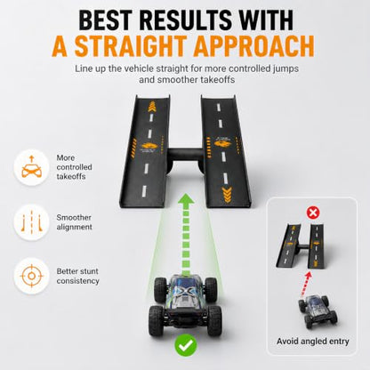 RC Car Ramp, 3 Ways to Play RC Jump Ramp for 1/16 1/14 1/12 1/10 RC Cars, Includes Metal Ground Stakes, Compact Stunt Ramp for Controlled Jumps, Balance Play and Backyard RC Fun