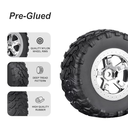 HobbyPark Pre-Glued 1/10 RC Short Course Truck Tires and Wheels Chrome for Traxxas Slash 2wd 4x4 Vxl BL-2S Redcat Blackout SC Pro TR10 Losi 22S SCT 3S 4S Lipo Brushless, 4Pcs