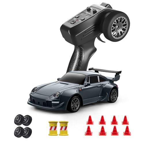 Mini RC Drift Car with Gyro, 1:43 4WD Full Proportional RC Cars, 18KM/H High Speed Remote Control Car with Lights, Extra Racing Tires, Vehicle for Adults Kids Boys, Gray - color: Gray