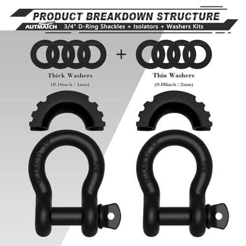 AUTMATCH 3/4" D Ring Shackles (2-Pack) - 41,887 lbs Break Strength | Clevis Shackle with 7/8" Pin & Isolator Washer Kit for Tow Strap, Winch, Towing & Off-Road Vehicle Recovery, Matte Black - color: Matte Black