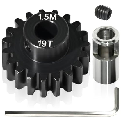 M1.5 19T Pinion Gear 8mm Bore with 8mm to 5mm Shaft Adapter Sleeve, Chromium Steel Motor Gear with Set Screw & Hex Key for Traxxas ARRMA Losi 1/5 1/8 RC Cars - size: 19T