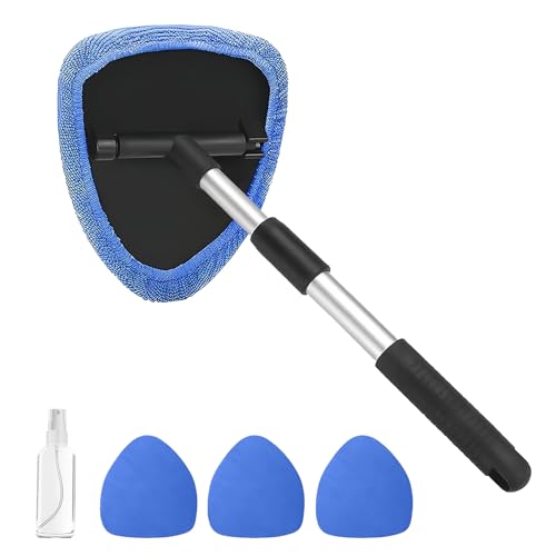 Windshield Cleaning Tool, Car Window Cleaner with Extendable Handle, 4 Microfiber Pads and Spray Bottle, Auto Interior Exterior Glass Wiper Cleaning Kit Universal for RV, SUV, Truck (Blue) - color: Blue
