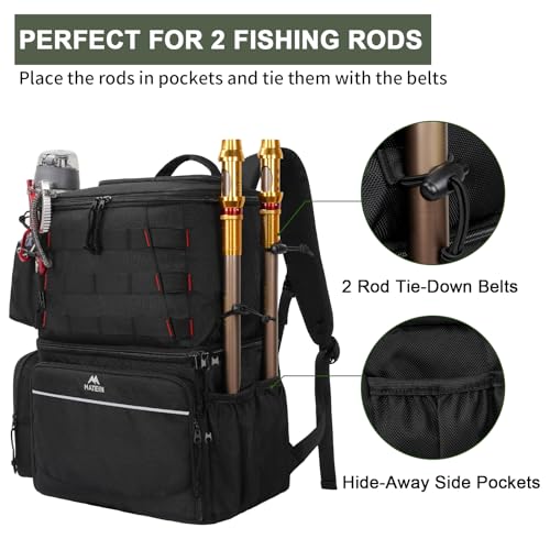 MATEIN Fishing Backpack, Tackle Storage Bag with Rod Holders & Cooler | Water Resistant Fishing Bag Fits 4 3600 Trays, Large Wide Open Tackle Box Backpack, Gifts for Fishermen - color: Black