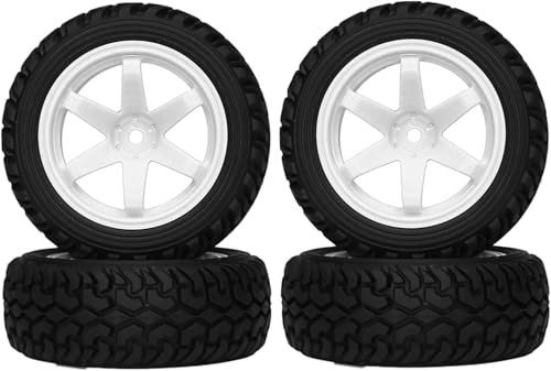 4PCS 75mm Rubber Tires and 6Spokes Plastic Wheel Rims Tyre for 1/10 RC On-Road Drift Racing Car 1:14 1:16 Rally Car for Tamiya Kyosho HPI HSP TT02 Upgrades Parts (White) - color: White