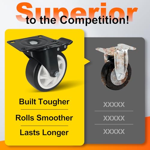 4 Inch Plate Caster Set of 4, Heavy Duty PU Swivel Wheel with Dual Brakes | Smooth 360° rotation,dual locking brake,silent PU wheels - color: Black, size: 4 IN