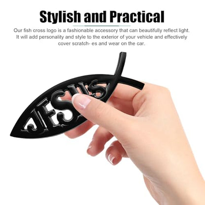 2 PCS Jesus Fish Decal, 3D Christian Car Sticker Emblem, Metallic Religious God for Jesus Christian Fish Symbol, Universal for Car Truck Fridge Wall Window Badge (Black) - color: Black