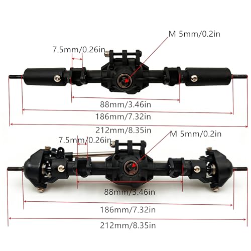 Nylon Front Rear Axle Set with Steel Reverse Bevel Gear for 1/10 RC Crawler SCX10 II 90046 47 R-G-T 86100 Upgrade Part(Black