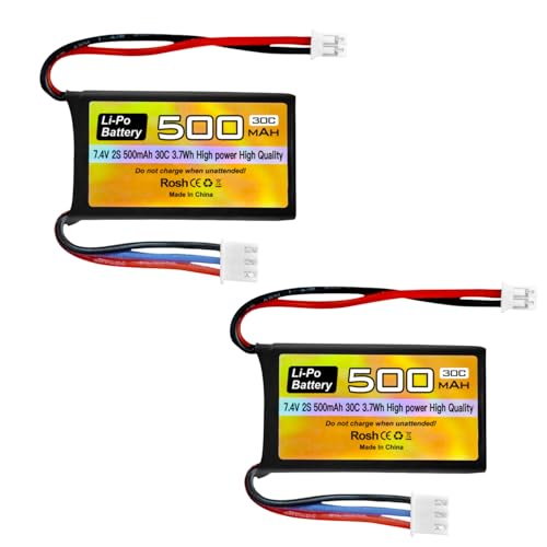 2PCS 7.4V 500mAh 30C Lipo Battery RC Car Drone Battery with PH2.0 Plug for AX24 SCX24 RC Car Model Batteries Compatible with Most 1/10, 1/16, 1/18, 1/24 Scale RC Cars Trucks