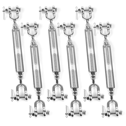 6 PCS M5 Turnbuckle 3/16" 304 Stainless Steel Jaw and Jaw Turnbuckle Tensioner, Heavy Duty Cable Tensioner, 570 LBS Working Load Limit, Adjustable Turnbuckles for Cables Wire, Clotheslines, Shade Sail - size: 3/16"-6 Pack