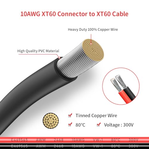 ELFCULB 10AWG 35FT XT60 Extension Cable 2 6 10 20 35 50 75 100FT XT60 Female to Male Connector for RC Battery Portable Power Station Solar Panel(35FT) | XT60 connector cable with stranded tinned copper wire for battery charging, power distribution, and eq