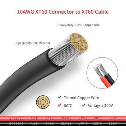 ELFCULB 10AWG 50FT XT60 Extension Cable 2 6 10 20 35 50 75 100FT XT60 Female to Male Connector for RC Battery Portable Power Station Solar Panel(50FT) | XT60 connector cable with stranded tinned copper wire for battery charging, power distribution, and eq