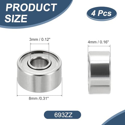 uxcell 4 Pack 693ZZ Deep Groove Ball Bearings, 3x8x4mm Chrome Steel Double Shield Bearing for Electric Motor, Home Appliances, Garden Machinery, (ABEC5) - size: 693ZZ