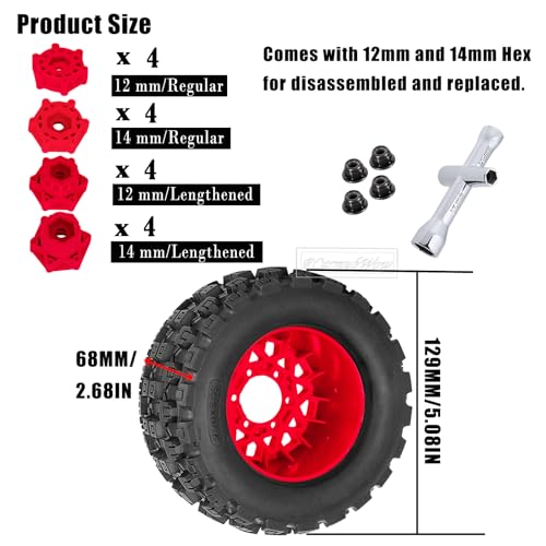 RC Wheels and Tires for 1/10 RC Scale Car,Rustler Stampede Hoss,Granite Vorteks Big Rock 3S,MX28 2.8" Truck Tires and Wheels w/ 12mm/14mm Hex,4pcs,Red - color: Red(4pcs)