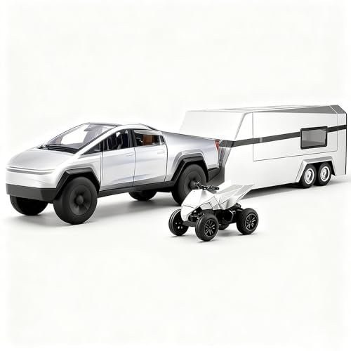 1/32 Toy Truck with RV ATV Motorcycle Alloy Truck Model with Sound and Light Effect Comer Trailer Ideal Charistma Gidt Age for 3+ Boys Girls - color: Silver With Rv